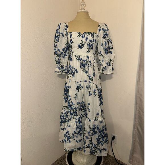 Especia White Floral Tiered Smocked Square Neck Boho Cotton Dress Size M - Picture 1 of 6